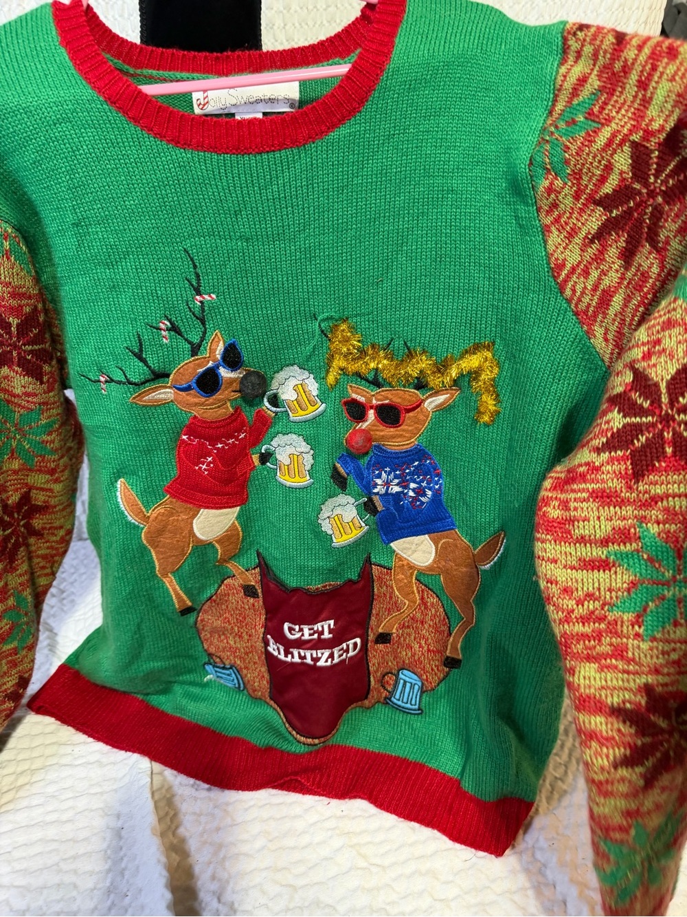 Get Glitzed Women’s Green Holiday Reindeer Sweater